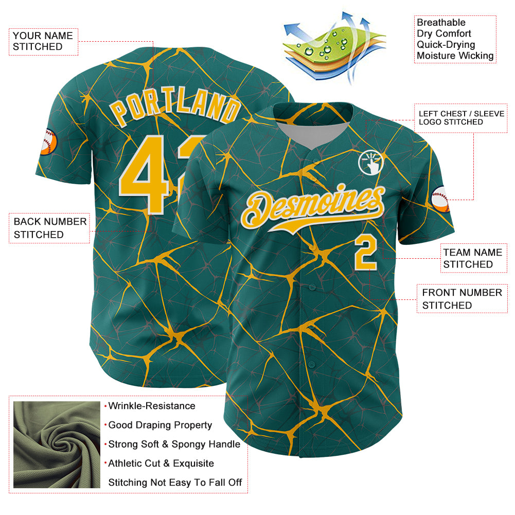 Custom Teal Gold-White 3D Pattern Design Abstract Network Authentic Baseball Jersey