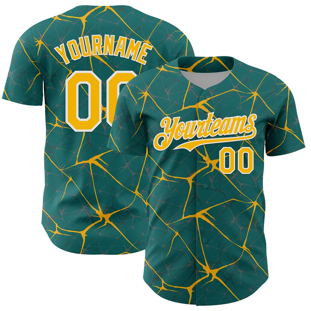 Custom Teal Gold-White 3D Pattern Design Abstract Network Authentic Baseball Jersey