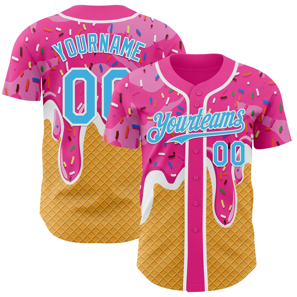 Custom Pink Sky Blue Yellow-White Foodie Food Dessert Melting Cream Waffle Grid Authentic Baseball Jersey