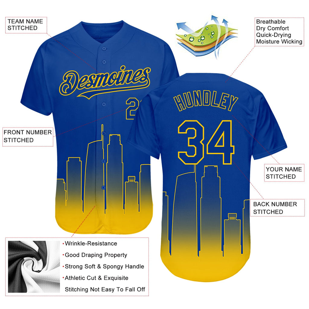 Custom Royal Yellow 3D Los Angeles City Edition Fade Fashion Authentic Baseball Jersey