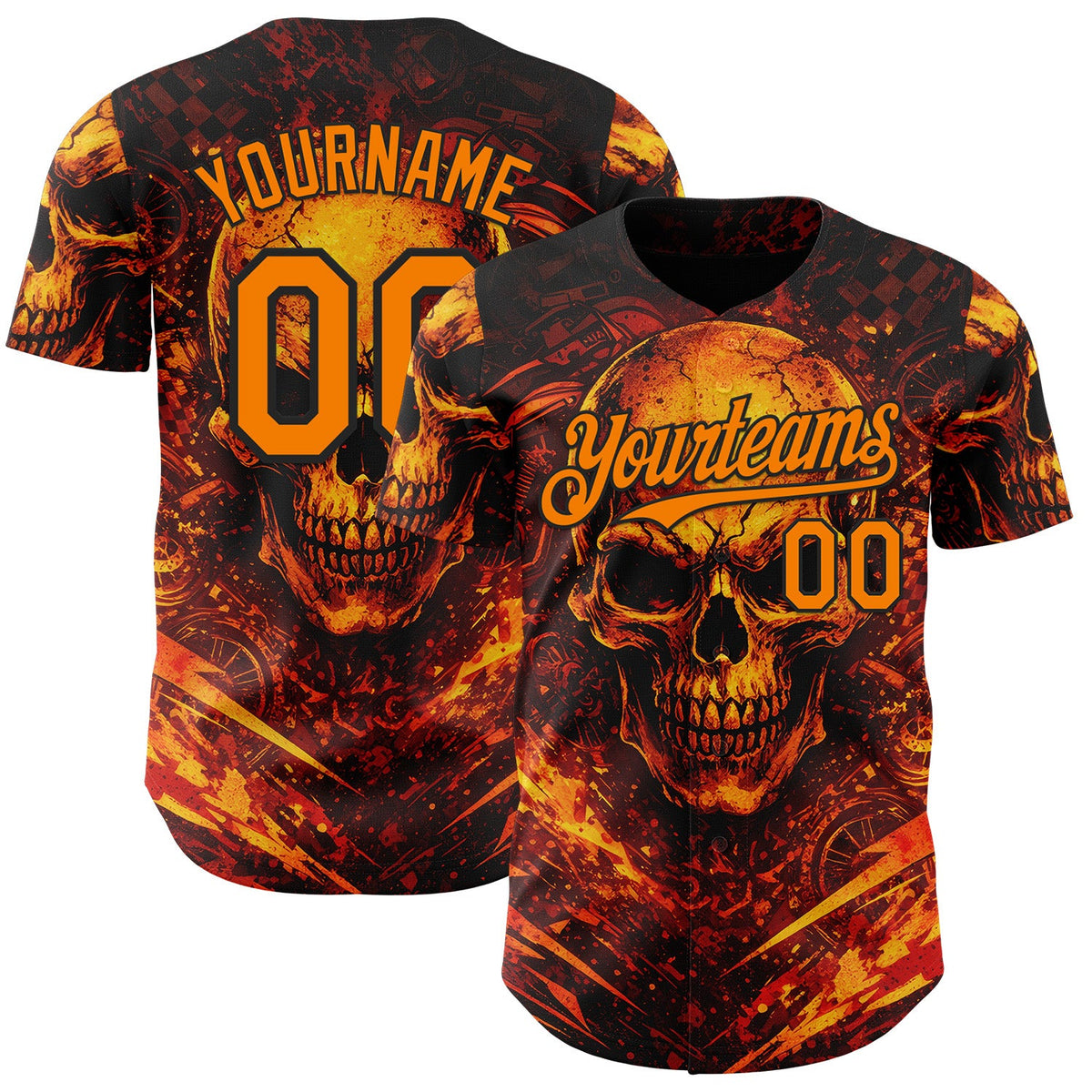 Custom Black-Bay Orange 3D Pattern Design Motorcycle Motocross Skull Flame Authentic Baseball Jersey