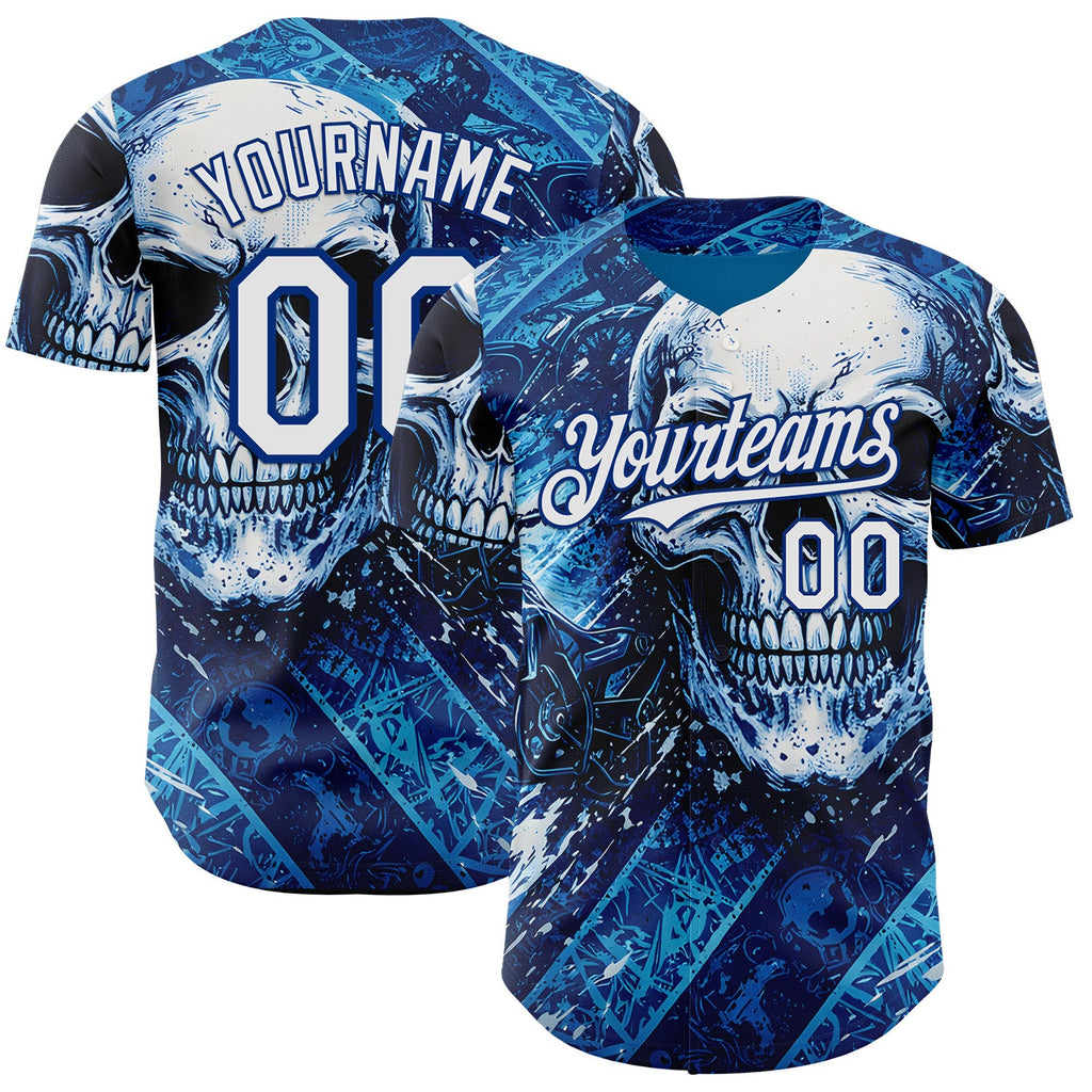 Custom Blue White-Royal 3D Pattern Design Motorcycle Motocross Skull Authentic Baseball Jersey