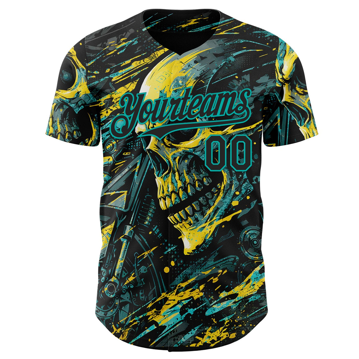 Custom Black Yellow-Aqua 3D Pattern Design Motorcycle Motocross Skull Authentic Baseball Jersey