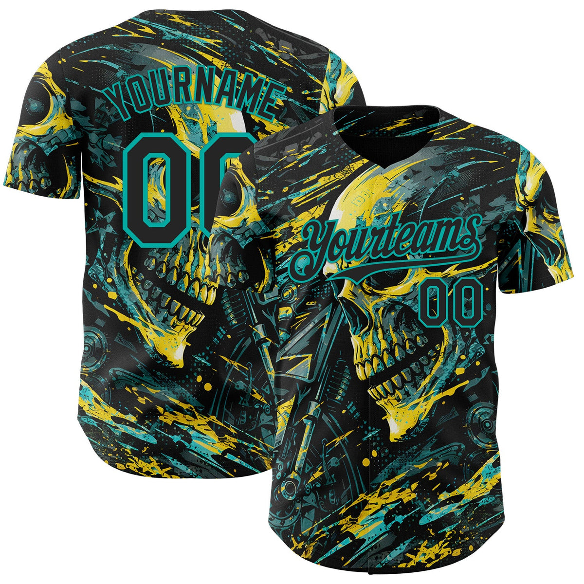 Custom Black Yellow-Aqua 3D Pattern Design Motorcycle Motocross Skull Authentic Baseball Jersey