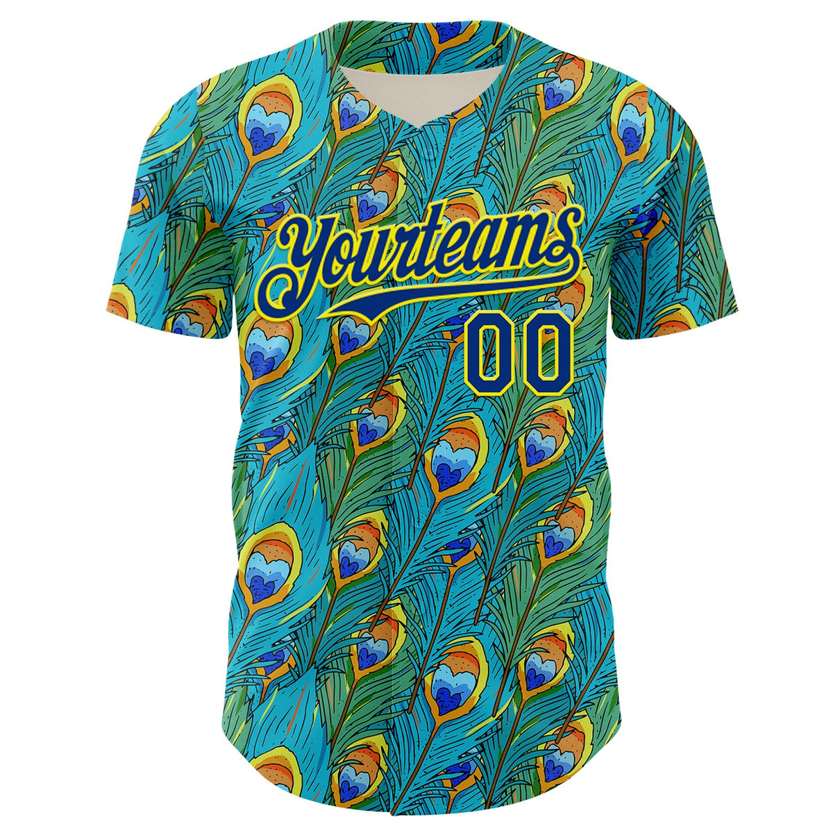 Custom Blue Royal Green-Light Yellow Peacock Feather Print Authentic Baseball Jersey