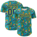 Custom Blue Royal Green-Light Yellow Peacock Feather Print Authentic Baseball Jersey