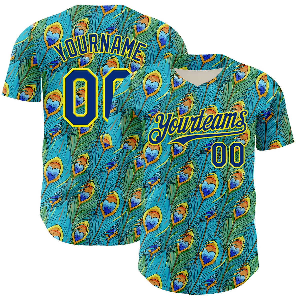 Custom Blue Royal Green-Light Yellow Peacock Feather Print Authentic Baseball Jersey