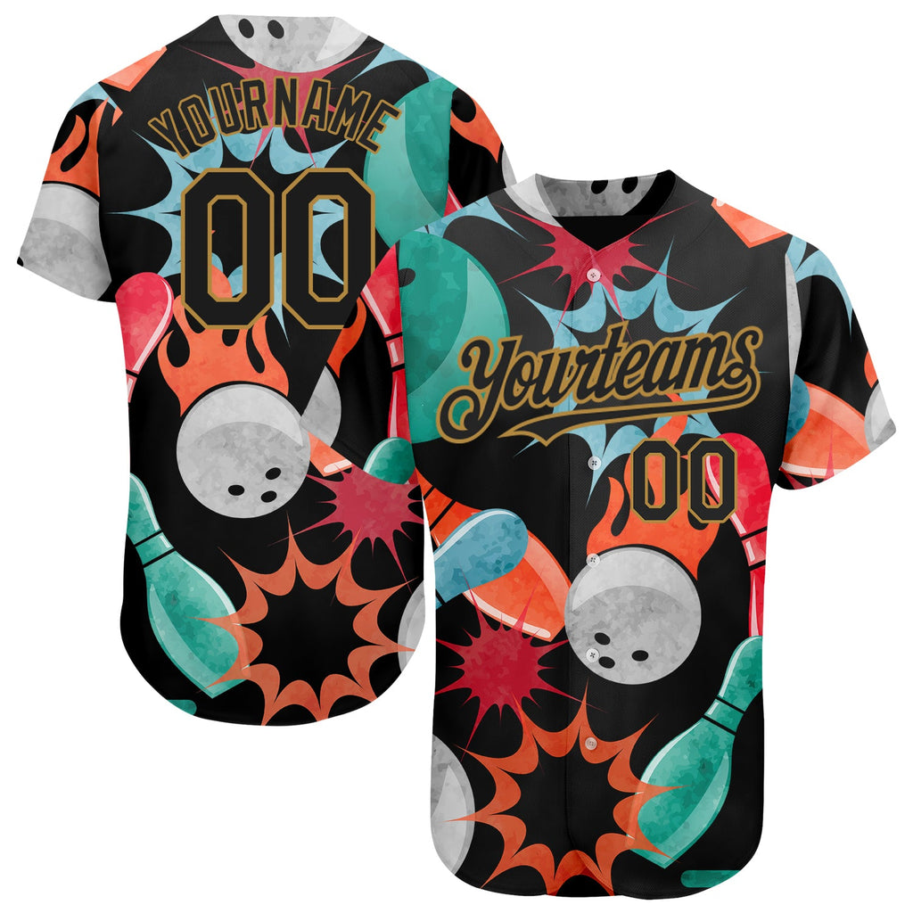 Custom Black Old Gold 3D Pattern Design Bowling Authentic Baseball Jersey