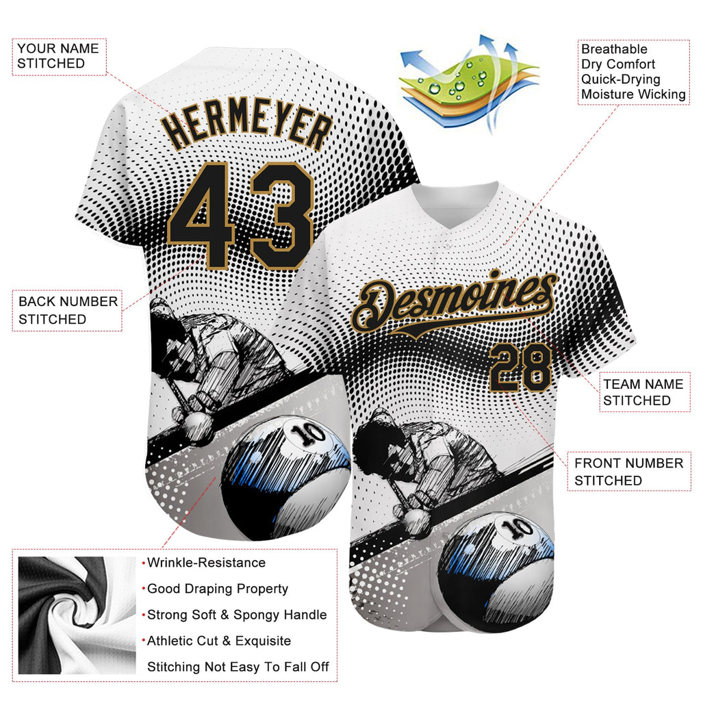 Custom White Black-Old Gold 3D Pattern Design Billiards Authentic Baseball Jersey
