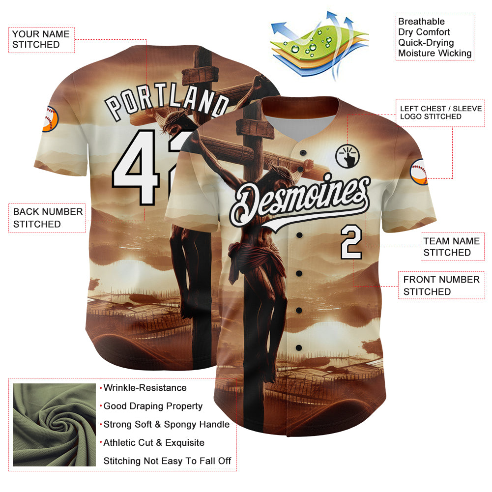 Custom Brown White-Black 3D Pattern Design Religion Cross Jesus Christ Good Friday Authentic Baseball Jersey