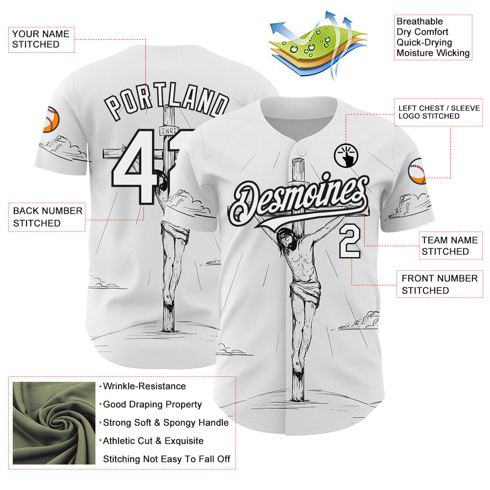 Custom White Black 3D Pattern Design Religion Cross Jesus Christ Good Friday Authentic Baseball Jersey