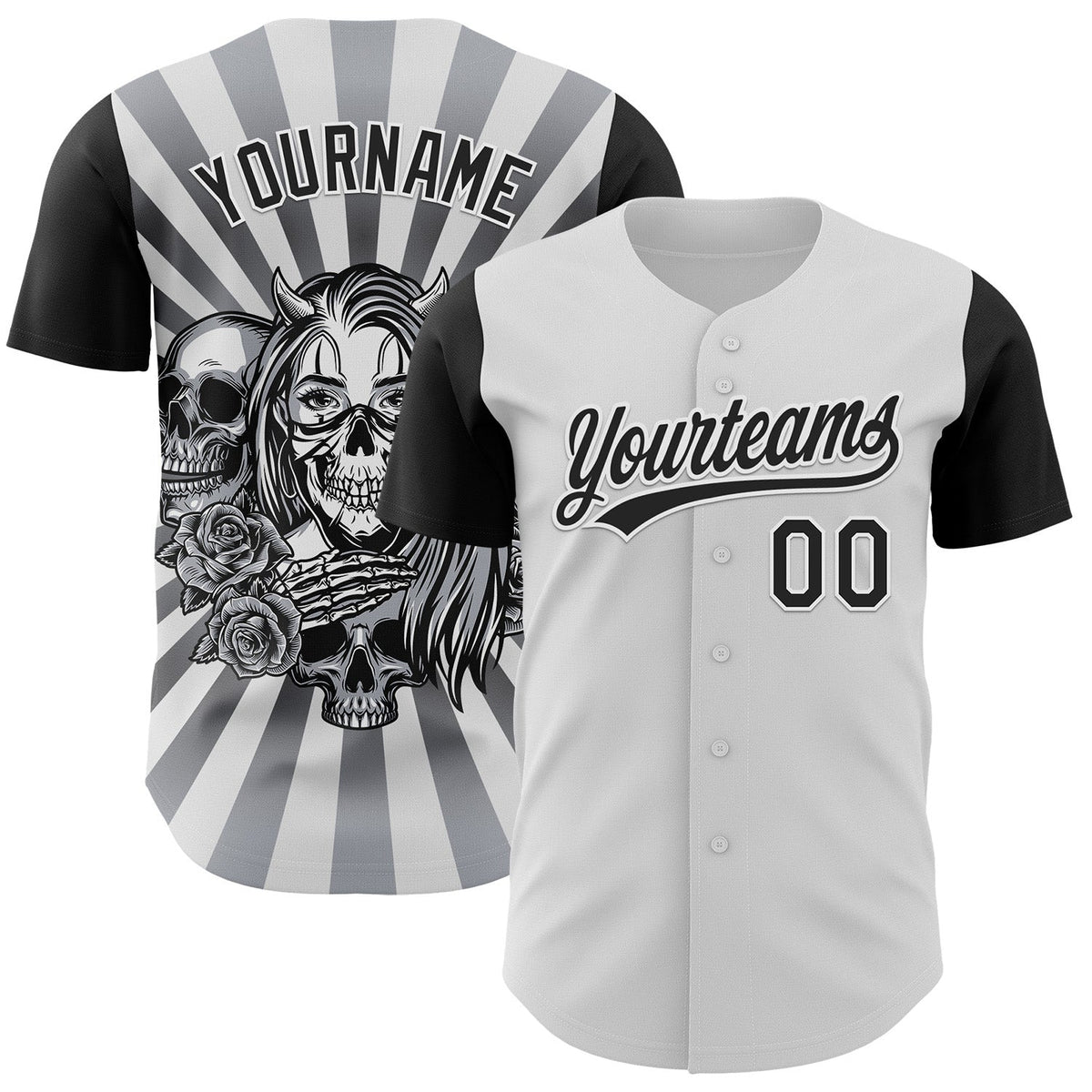 Custom White Black 3D Pattern Halloween Skull Authentic Baseball Jersey