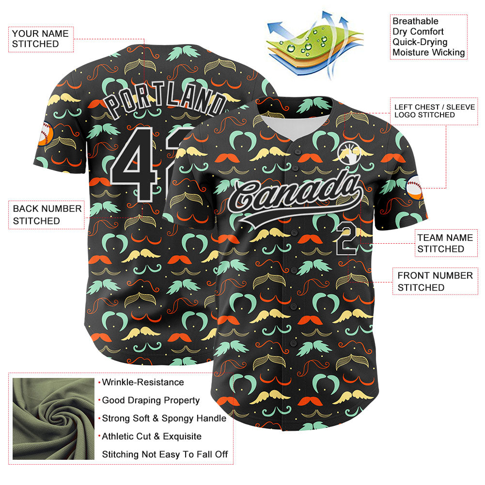 Custom Black White 3D Pattern Design Father's Day Mustache Authentic Baseball Jersey