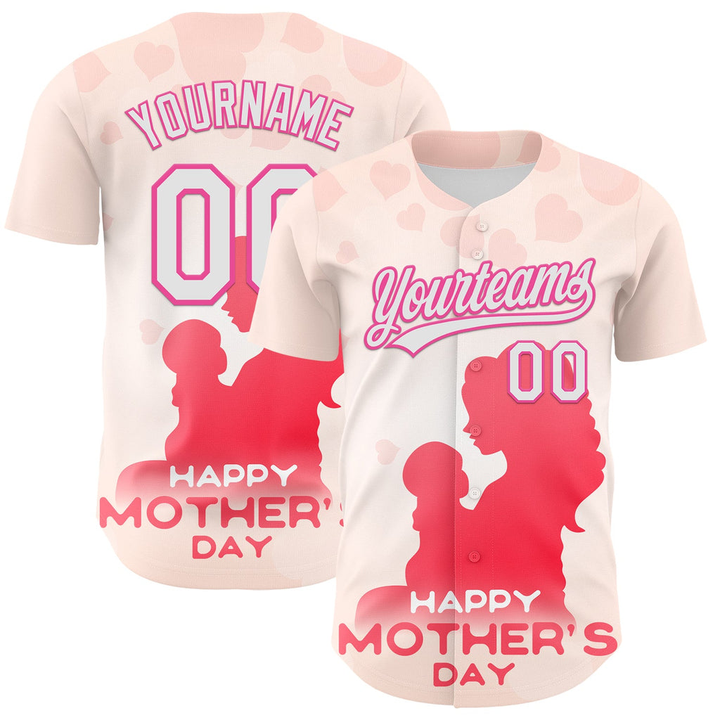 Custom Cream White-Pink 3D Pattern Design Mother's Day Family Love Authentic Baseball Jersey