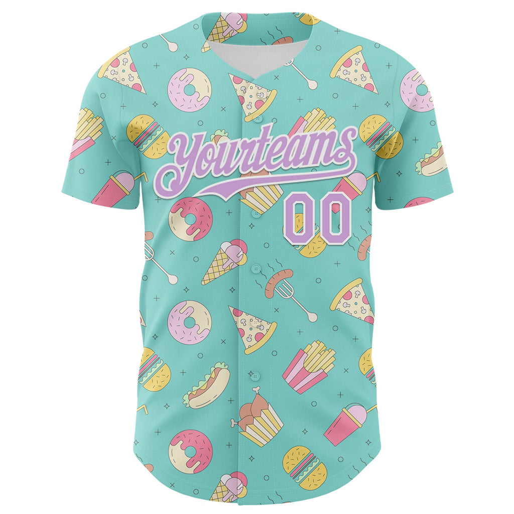 Custom Ice Blue Light Purple-White 3D Pattern Design Foodie Fast Food Burger Fries Pizza Authentic Baseball Jersey