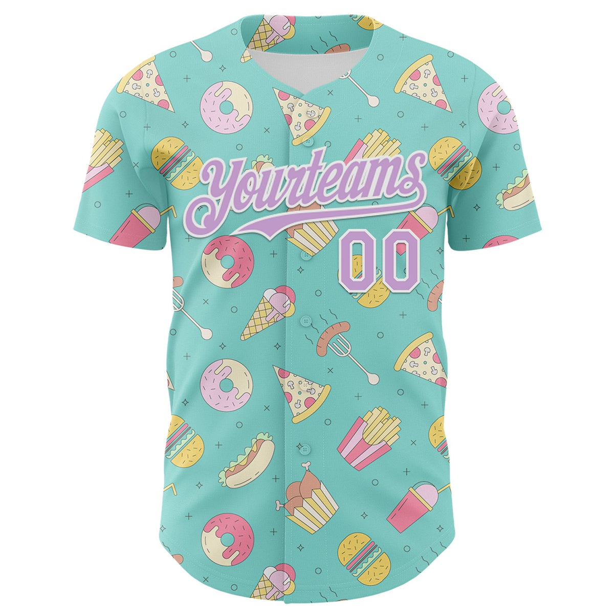 Custom Ice Blue Light Purple-White 3D Pattern Design Foodie Fast Food Burger Fries Pizza Authentic Baseball Jersey