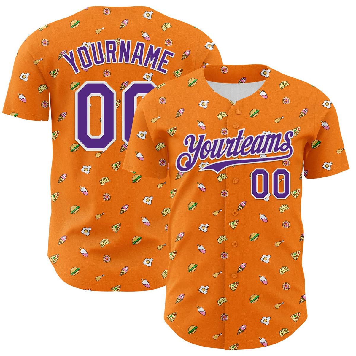 Custom Bay Orange Purple-White 3D Pattern Design Foodie Fast Food Cheese Pizza Dessert Ice Cream Authentic Baseball Jersey