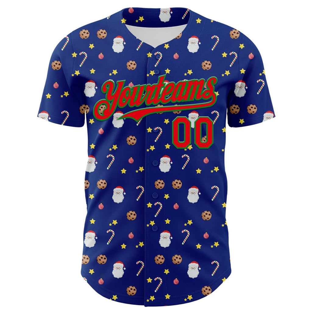 Custom Royal Fire Red-Grass Green 3D Pattern Design Christmas Foodie Food Snack Chocolate Cookie Candy Cane Authentic Baseball Jersey