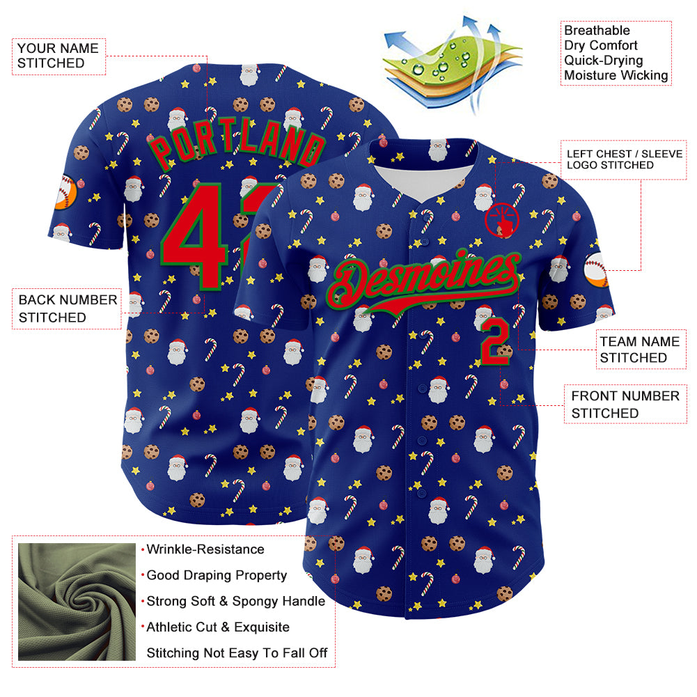 Custom Royal Fire Red-Grass Green 3D Pattern Design Christmas Foodie Food Snack Chocolate Cookie Candy Cane Authentic Baseball Jersey