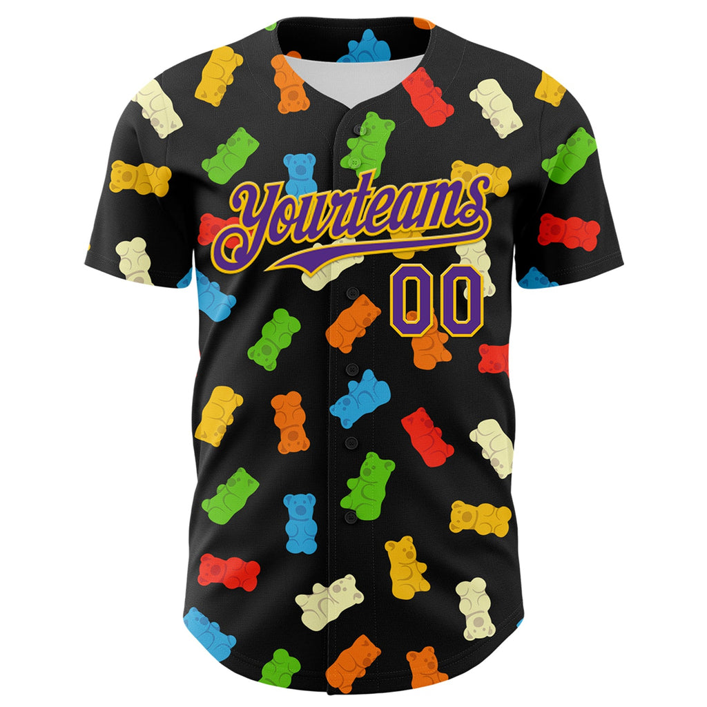 Custom Black Purple-Yellow 3D Pattern Design Foodie Food Snack Gummy Bear Authentic Baseball Jersey