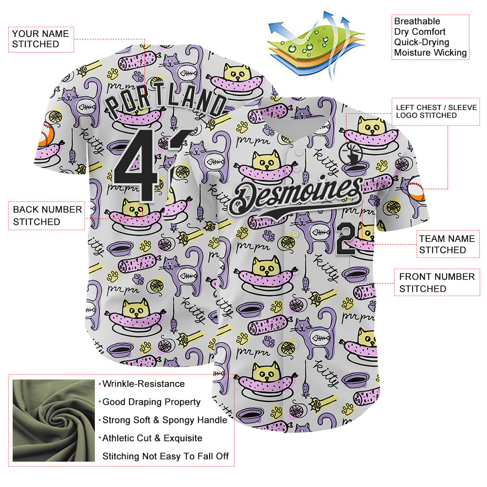 Custom White Black 3D Pattern Design Funny Cartoon Animal Cat And Dog Authentic Baseball Jersey