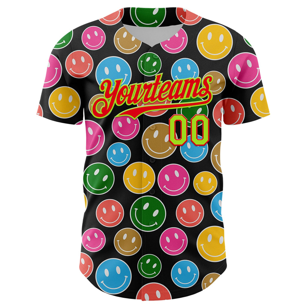 Custom Black Neon Green-Fire Red 3D Pattern Design Funny Cartoon Emoji Smile Face Authentic Baseball Jersey