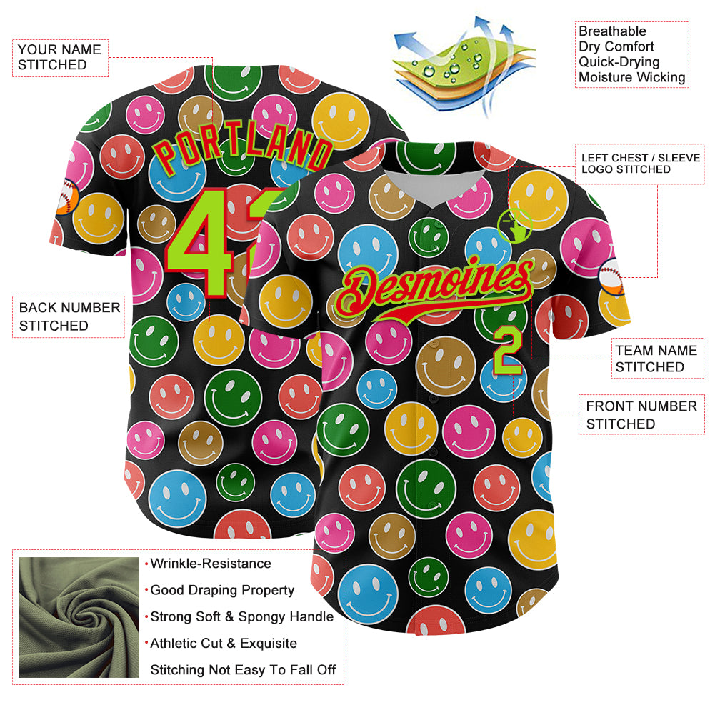 Custom Black Neon Green-Fire Red 3D Pattern Design Funny Cartoon Emoji Smile Face Authentic Baseball Jersey