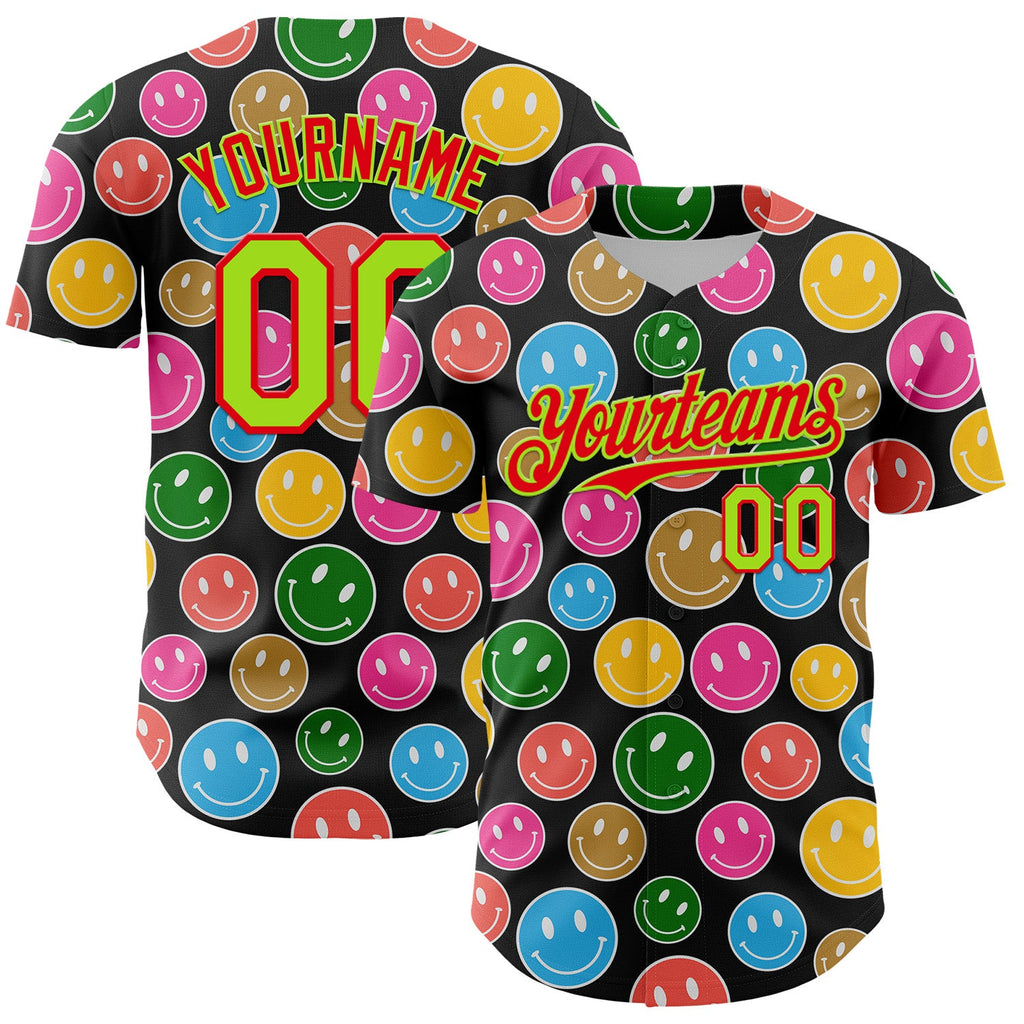 Custom Black Neon Green-Fire Red 3D Pattern Design Funny Cartoon Emoji Smile Face Authentic Baseball Jersey