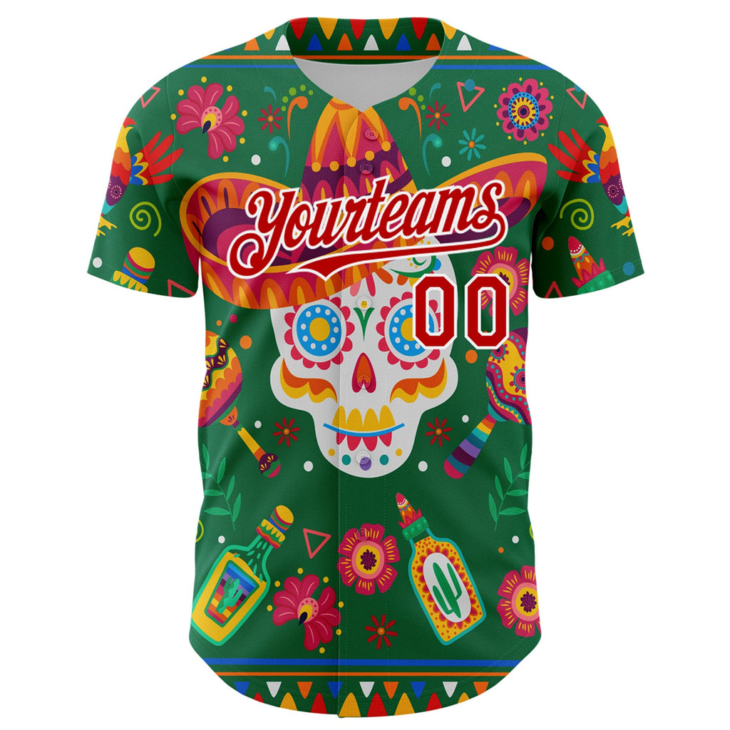 Custom Kelly Green Red-White 3D Mexican Festival Flower Skull With Sombrero Cinco de Mayo Authentic Baseball Jersey