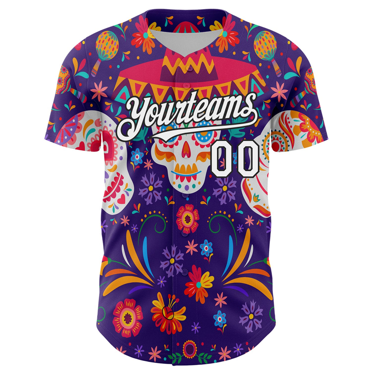 Custom Purple White-Black 3D Mexican Festival Flower Skull With Sombrero Cinco de Mayo Authentic Baseball Jersey