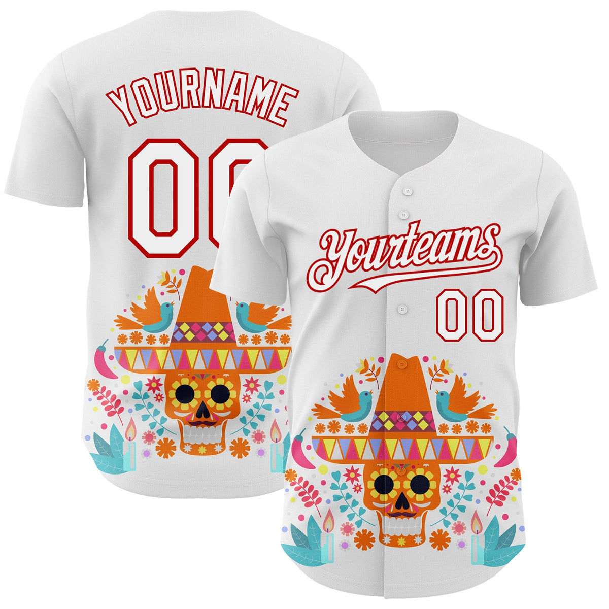 Custom White Red 3D Mexican Festival Flower Skull With Sombrero Cinco de Mayo Authentic Baseball Jersey