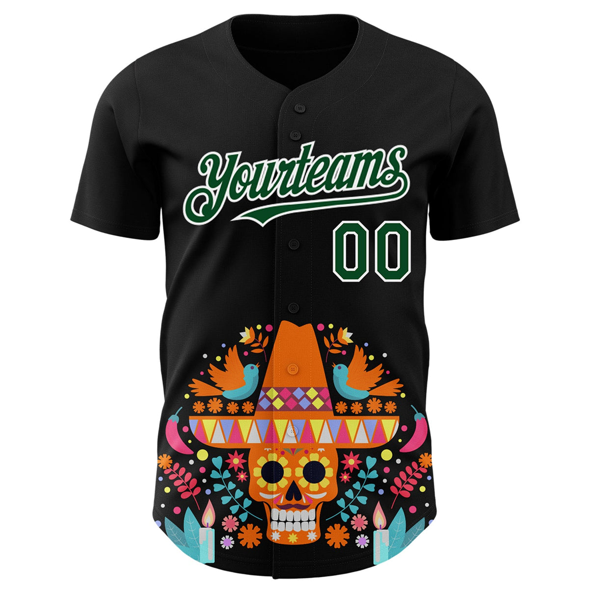 Custom Black Green-White 3D Mexican Festival Flower Skull With Sombrero Cinco de Mayo Authentic Baseball Jersey