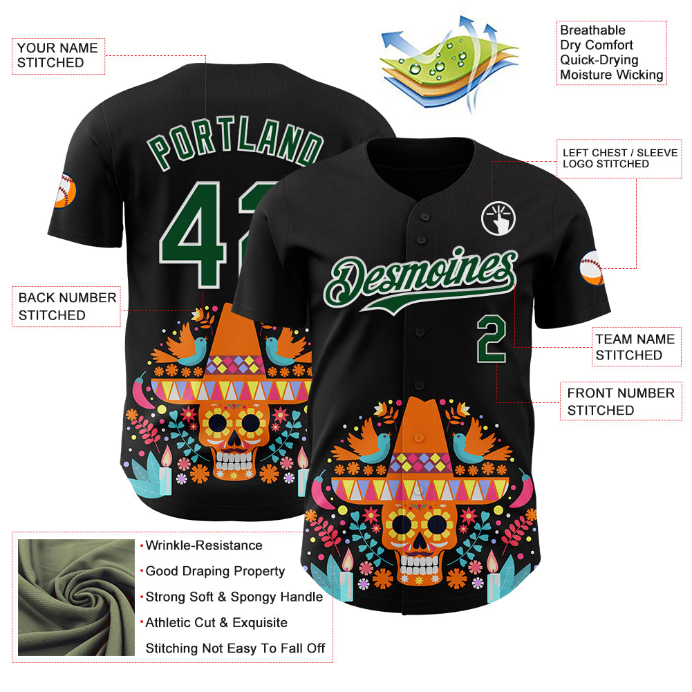 Custom Black Green-White 3D Mexican Festival Flower Skull With Sombrero Cinco de Mayo Authentic Baseball Jersey