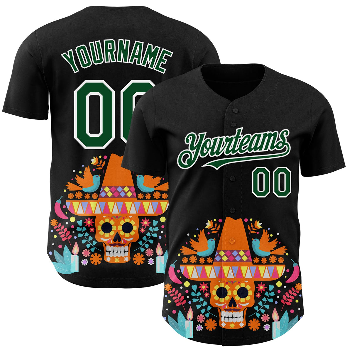 Custom Black Green-White 3D Mexican Festival Flower Skull With Sombrero Cinco de Mayo Authentic Baseball Jersey