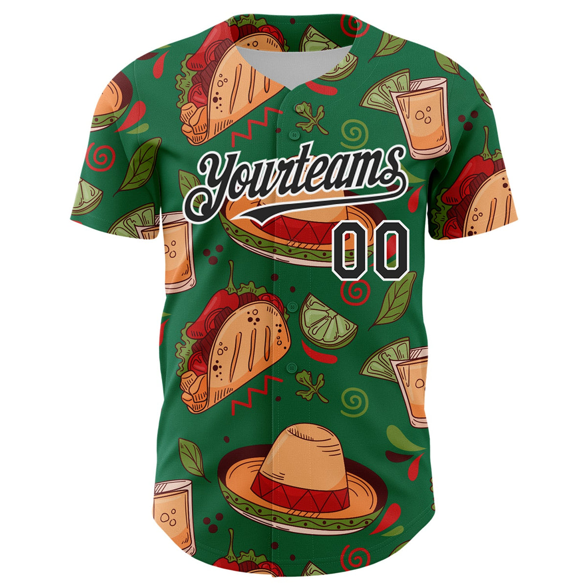 Custom Kelly Green Black-White 3D Mexican Festival Tacos And Sombrero Cinco de Mayo Authentic Baseball Jersey