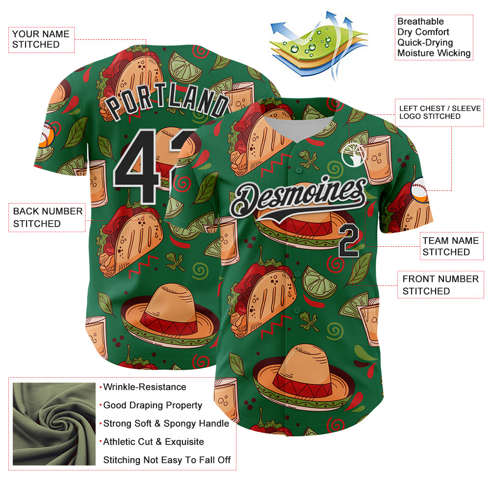 Custom Kelly Green Black-White 3D Mexican Festival Tacos And Sombrero Cinco de Mayo Authentic Baseball Jersey