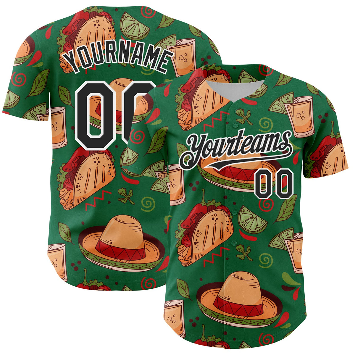 Custom Kelly Green Black-White 3D Mexican Festival Tacos And Sombrero Cinco de Mayo Authentic Baseball Jersey