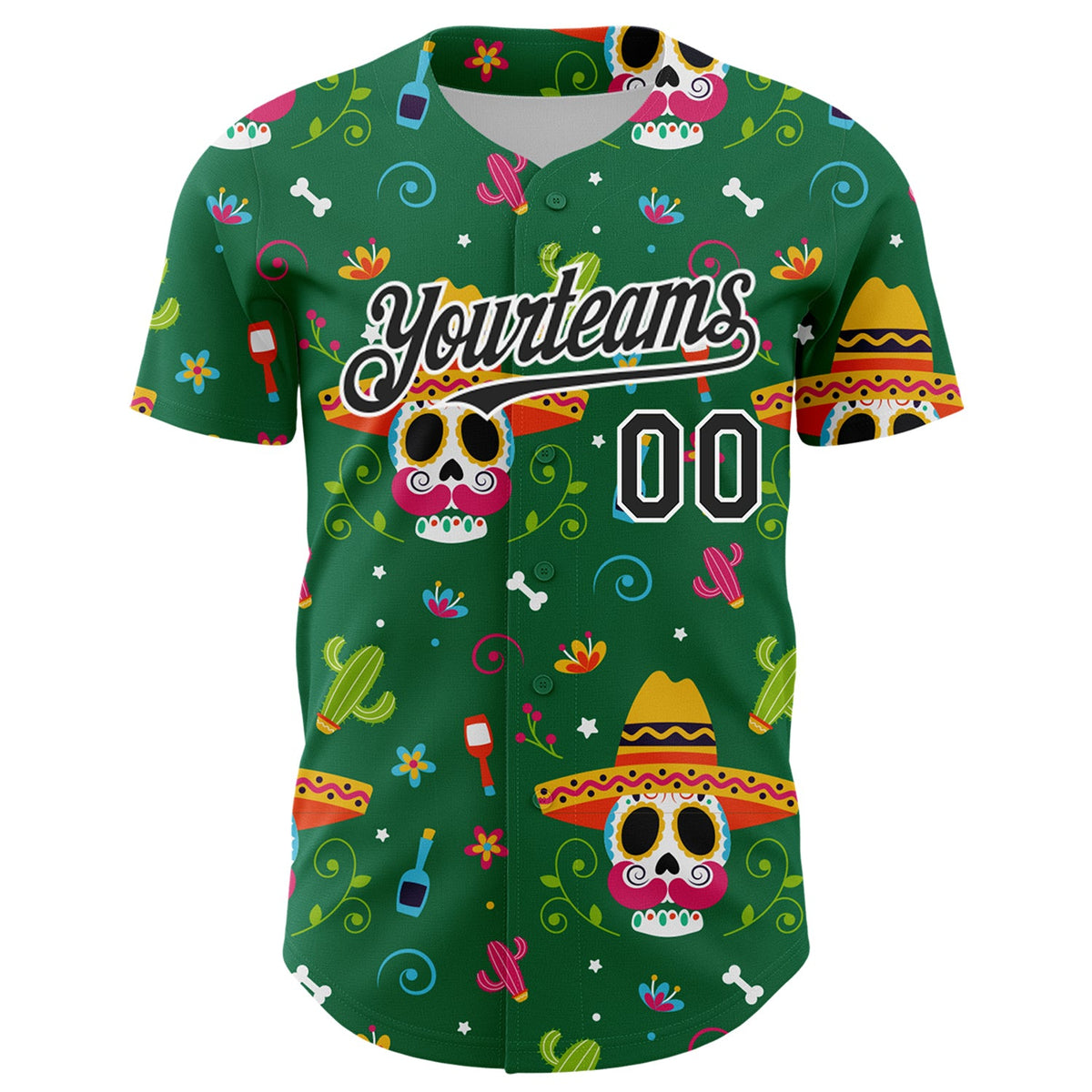 Custom Kelly Green Black-White 3D Mexican Festival Flower Skull With Sombrero Cinco de Mayo Authentic Baseball Jersey