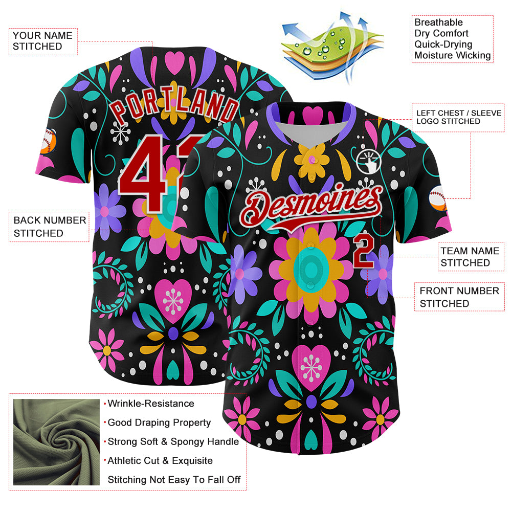 Custom Black Red-White 3D Mexican Festival Flower Cinco de Mayo Authentic Baseball Jersey