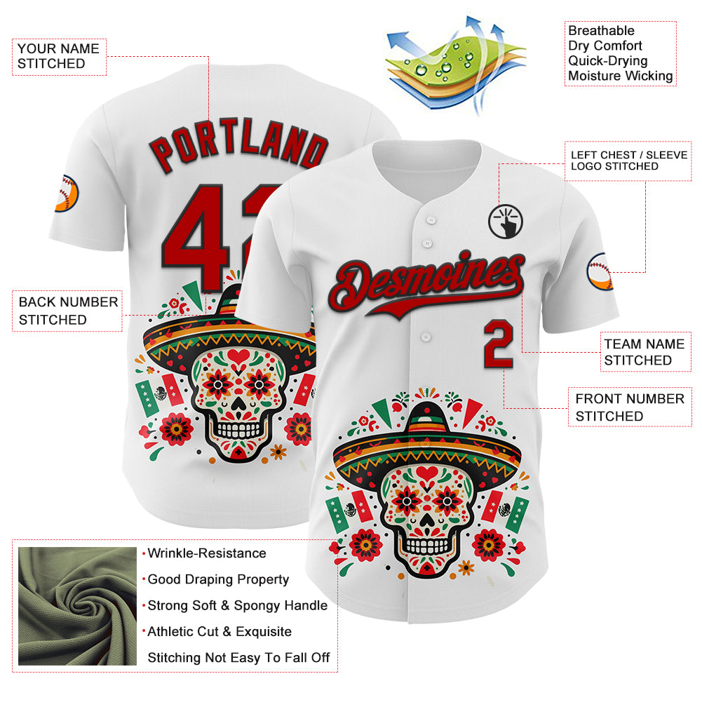 Custom White Red-Black 3D Mexican Festival Flag Skull With Sombrero Cinco de Mayo Authentic Baseball Jersey