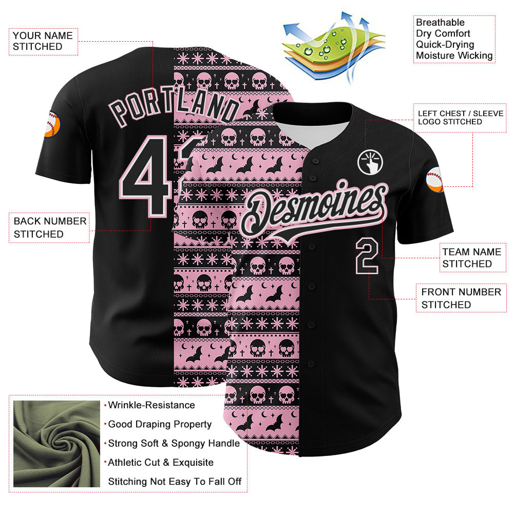 Custom Black Light Pink-White 3D Gothic Skull Authentic Baseball Jersey