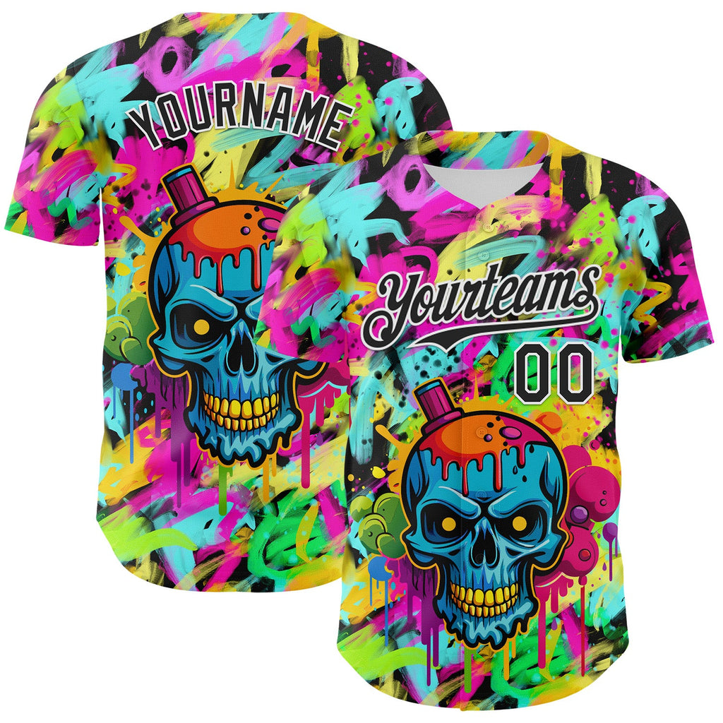 Custom Black White 3D Graffiti Skull Authentic Baseball Jersey