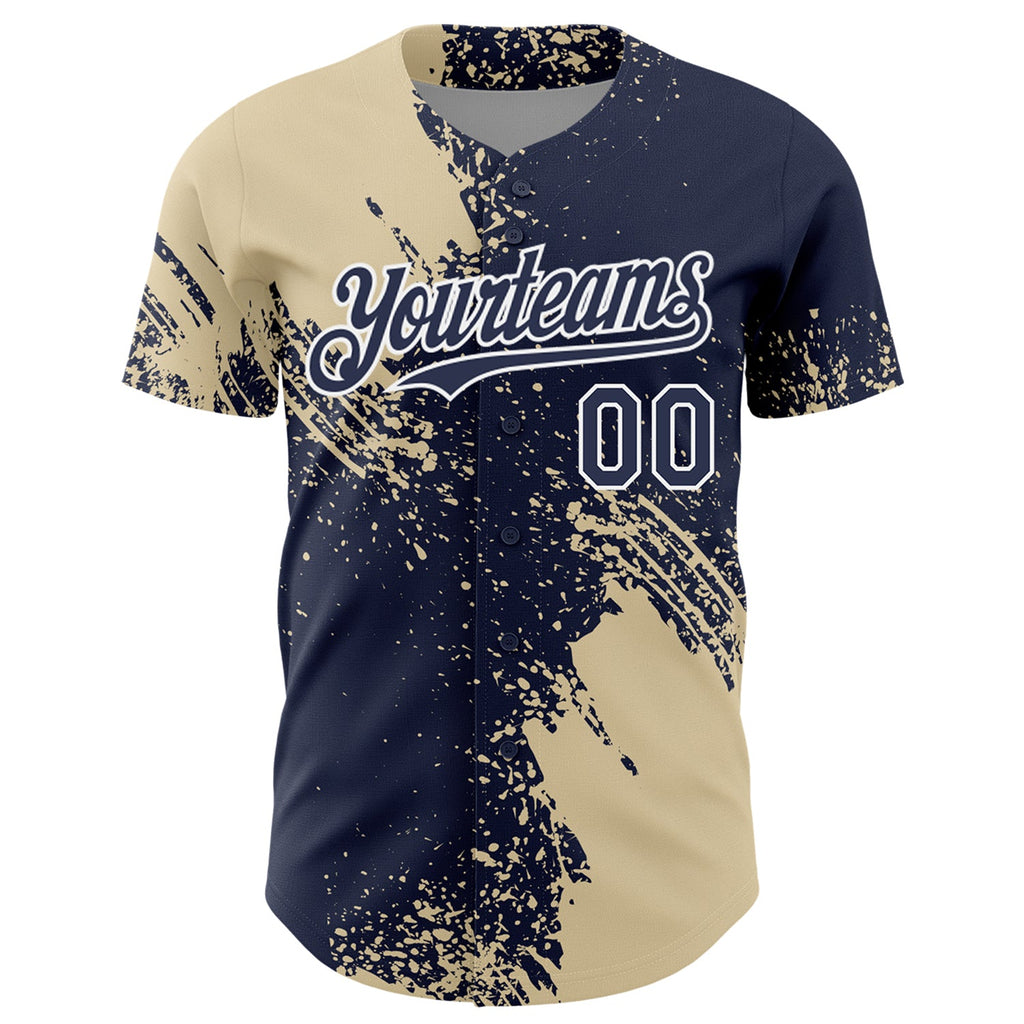 Custom Cream Navy-White 3D Pattern Design Abstract Brush Stroke Authentic Baseball Jersey