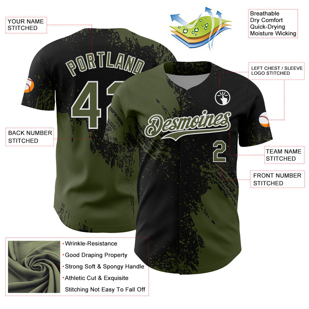 Custom Olive Black-White 3D Pattern Design Abstract Brush Stroke Authentic Baseball Jersey