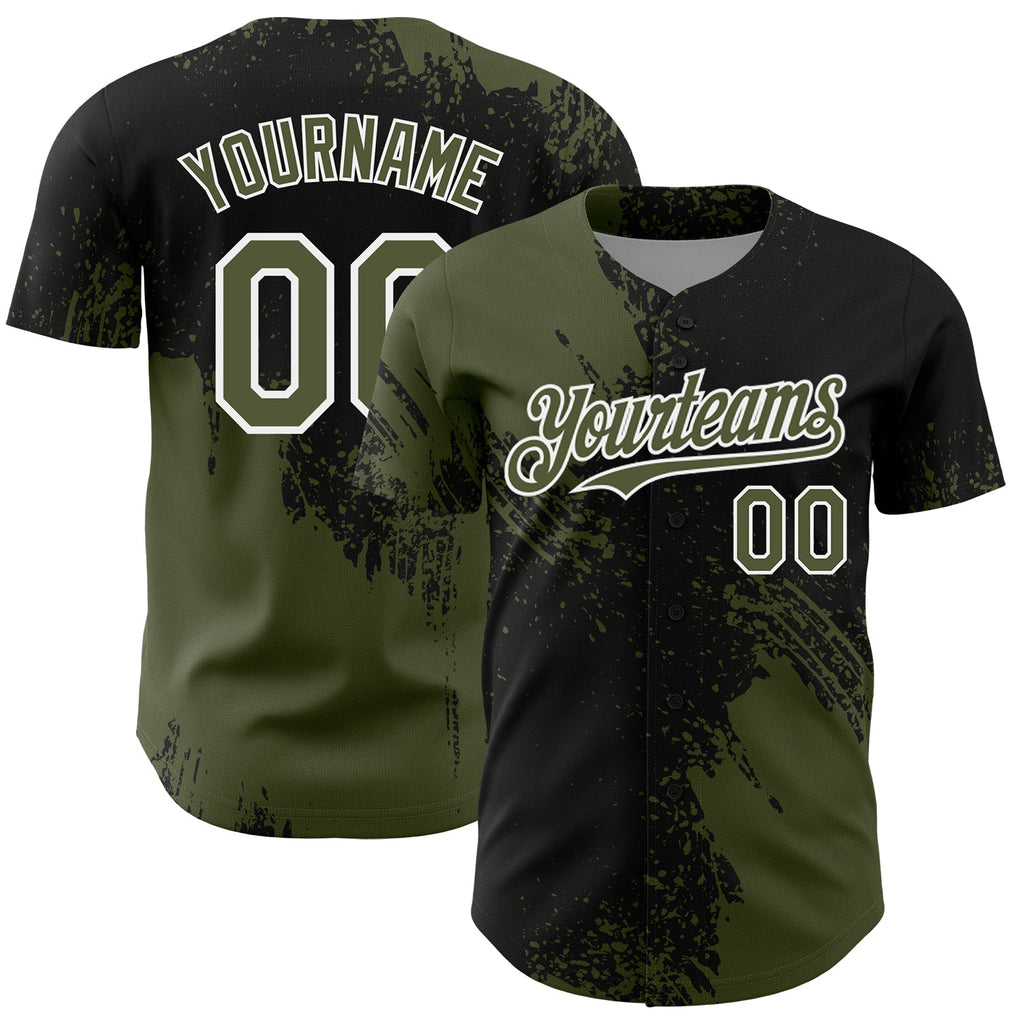 Custom Olive Black-White 3D Pattern Design Abstract Brush Stroke Authentic Baseball Jersey