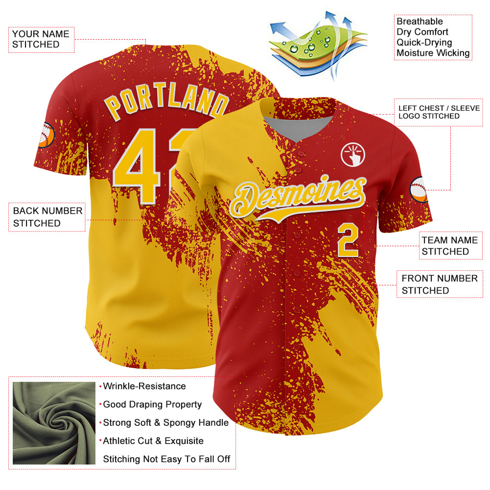 Custom Yellow Red-White 3D Pattern Design Abstract Brush Stroke Authentic Baseball Jersey