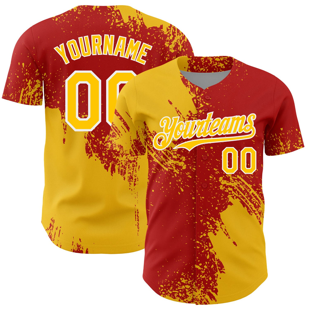 Custom Yellow Red-White 3D Pattern Design Abstract Brush Stroke Authentic Baseball Jersey