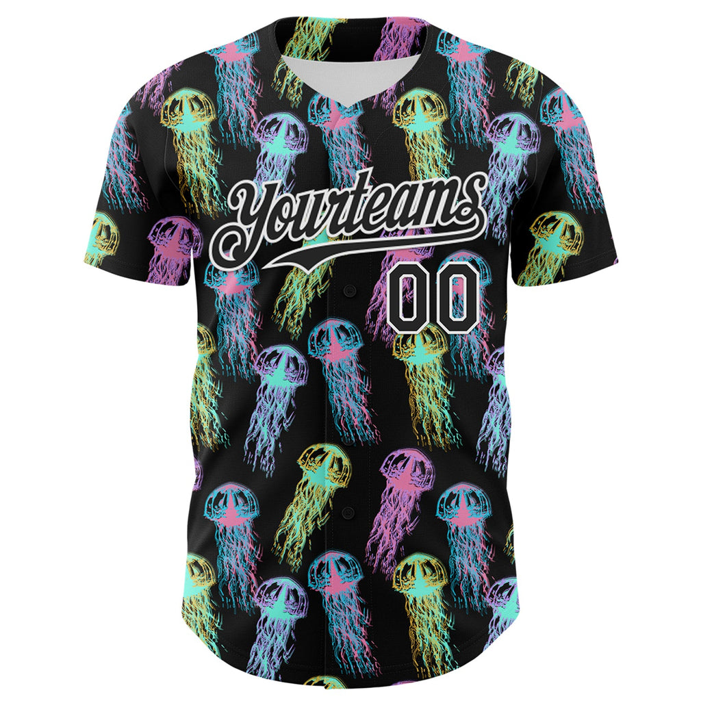 Custom Black White 3D Pattern Design Rave Psychedelic Jellyfish Authentic Baseball Jersey
