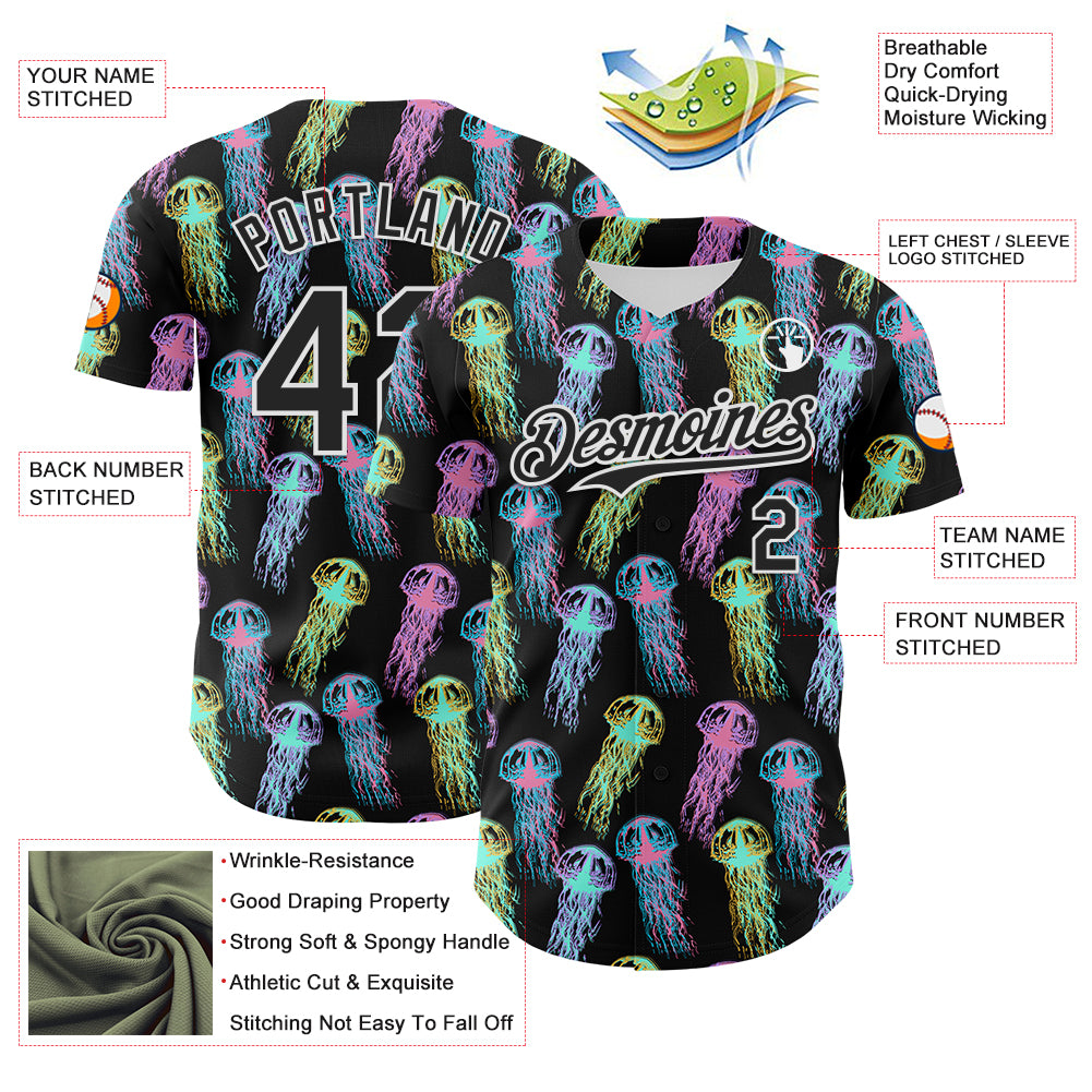 Custom Black White 3D Pattern Design Rave Psychedelic Jellyfish Authentic Baseball Jersey