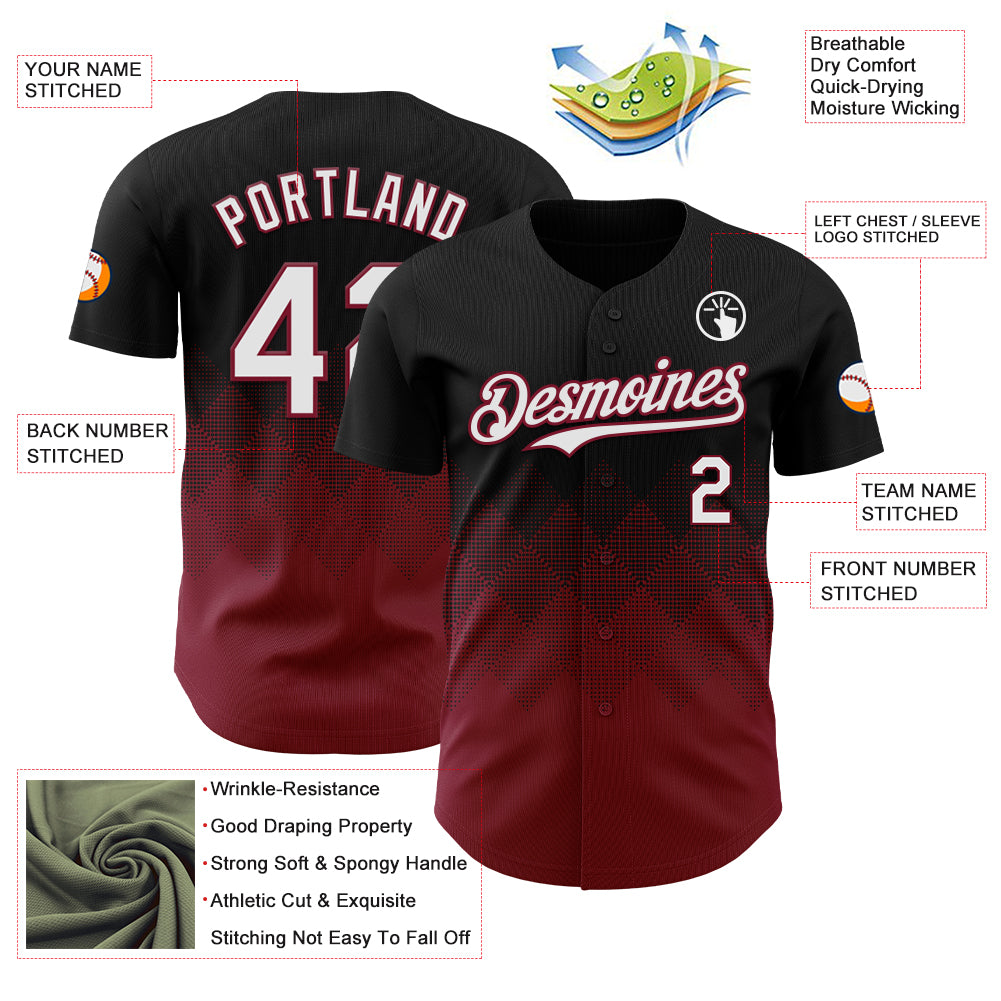 Custom Black White-Crimson 3D Gradient Square Shape Authentic Baseball Jersey